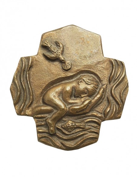 Croix en bronze pour baptême - Esprit Saint et rivière