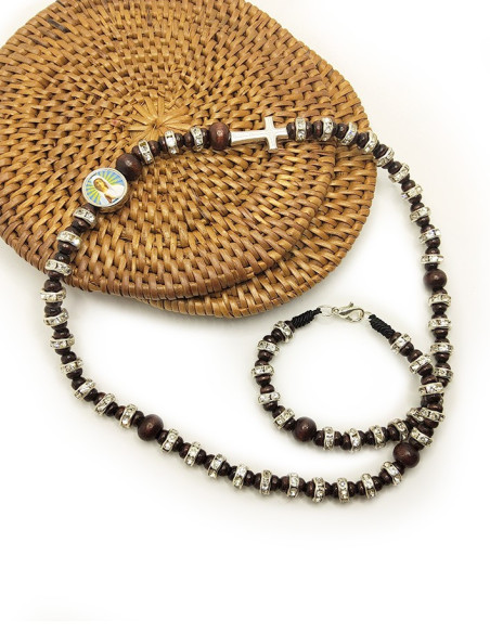 Collana rosario in legno e strass - Vergine dei Poveri di Banneux