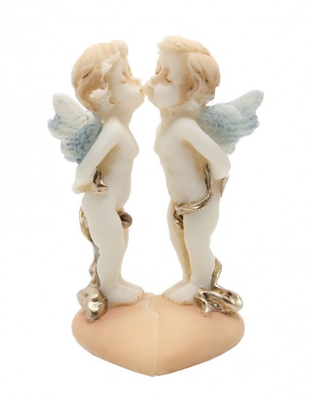 Statue d'anges en albâtre - Bisou amoureux sur base coeur (18 cm)