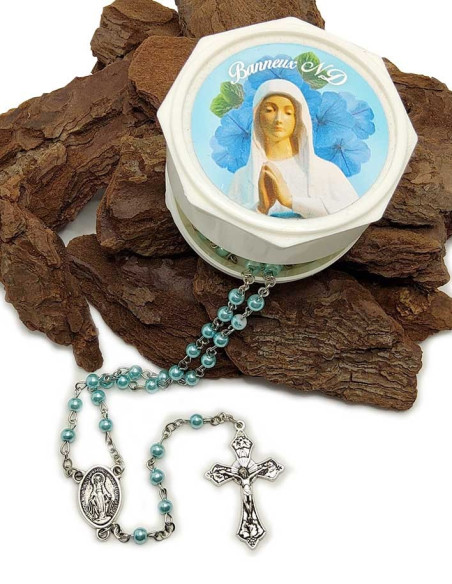 Box with blue beaded rosary - Our Lady of Banneux