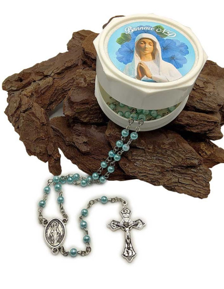 Box with blue beaded rosary - Our Lady of Banneux