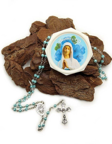 Box with blue beaded rosary - Our Lady of Banneux