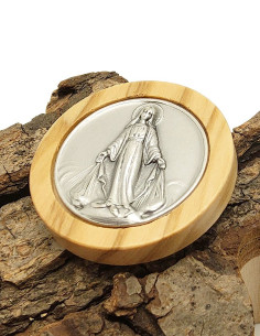 Pegatina redonda magnética de la Virgen Milagrosa en metal y madera de olivo