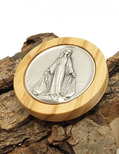 Pegatina redonda magnética de la Virgen Milagrosa en metal y madera de olivo
