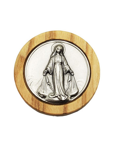 Tondo magnetico della Vergine Miracolosa in metallo e legno d'ulivo