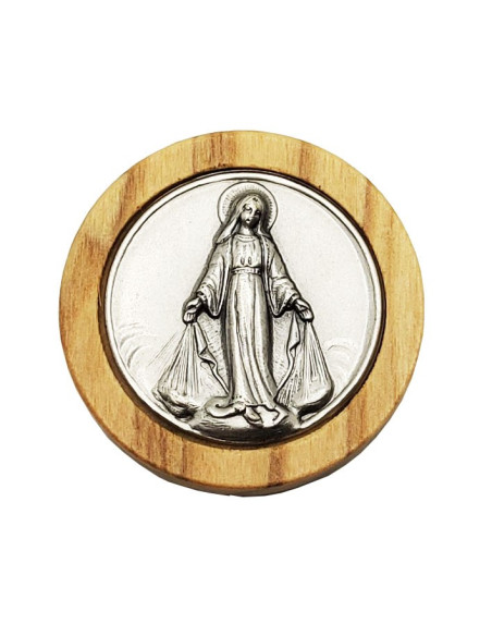Magnétique Vierge Miraculeuse métal et bois d'olivier rond