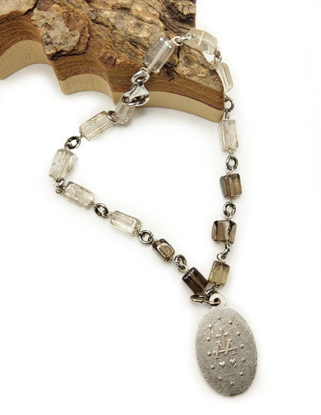 Bracciale di medaglia vergine miracolosa - cristallo roche e quarzo affumicato