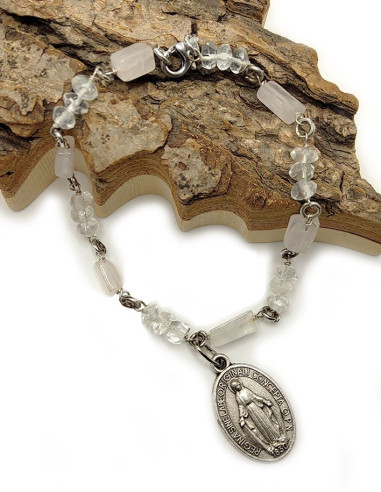 Miraculous Virgin Medal Bracelet - Rose Quartz & Rock Crystal