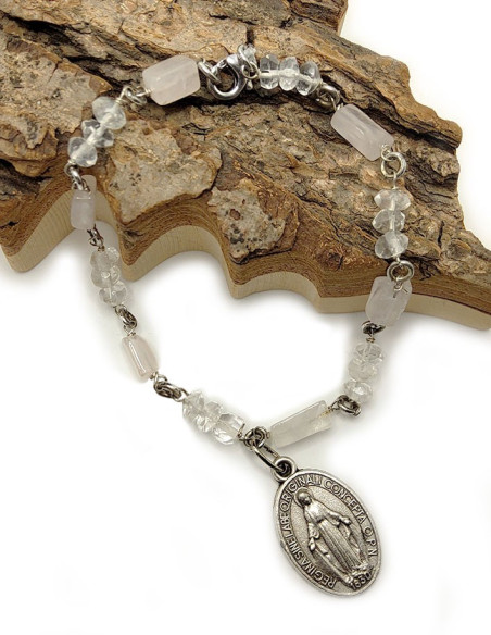 Bracciale con Medaglia della Vergine Miracolosa - Quarzo Rosa e Cristallo di Rocca