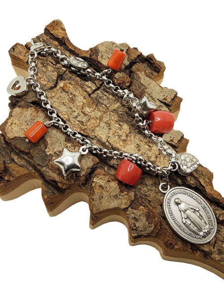 Bracelet médaille Vierge Miraculeuse - charms jaspe rouge 1