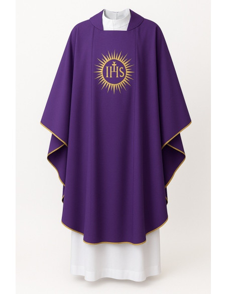 Purple chasuble with radiant JHS and golden stole