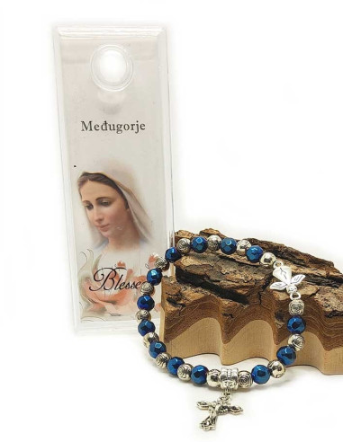 Blauwe en zilveren kralen armband Medjugorje