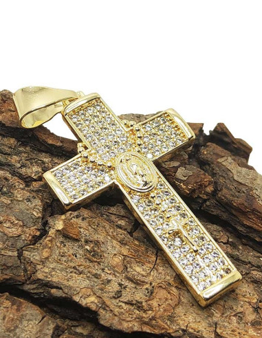Croix pendentif chapelet strass - cuivre plaqué or 14k