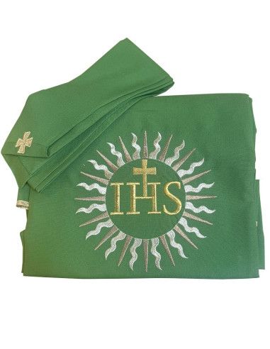 Chasuble brodée verte avec soleil JHS + étole assortie