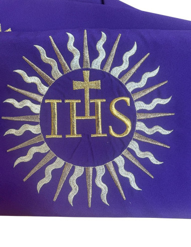 Purple chasuble with radiant JHS and golden stole