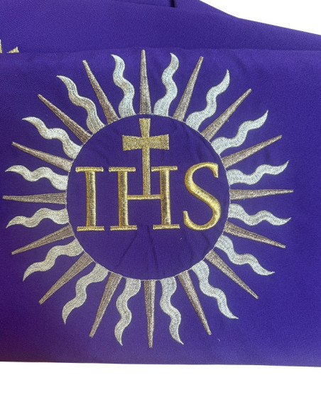 Purple chasuble with radiant IHS embroidery and matching stole