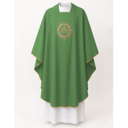 Casulla verde con estola – Sol JHS bordado por ambas caras