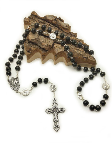 Rosario Padre Pio e Vergine Maria con perline in legno nero e moschettone
