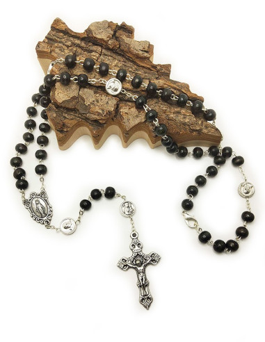 Rosenkranz Padre Pio und Jungfrau Maria mit schwarzen Holzperlen und Karabinerhaken