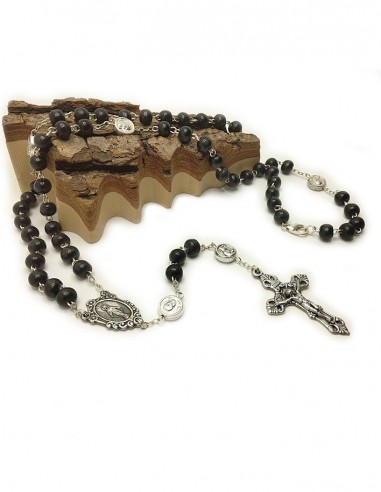 Rosenkranz Padre Pio und Jungfrau Maria mit schwarzen Holzperlen und Karabinerhaken