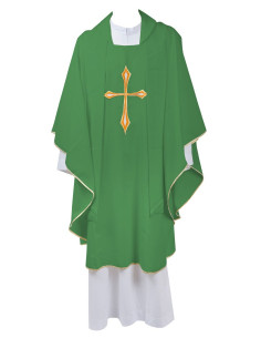 Casulla Sacerdotal Bordada con Cruz en Hilo Dorado y Plateado con Estola - Verde