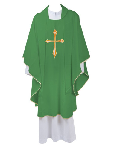 Priest's Chasuble Embroidered with Cross in Gold and Silver Thread with Stole - Green