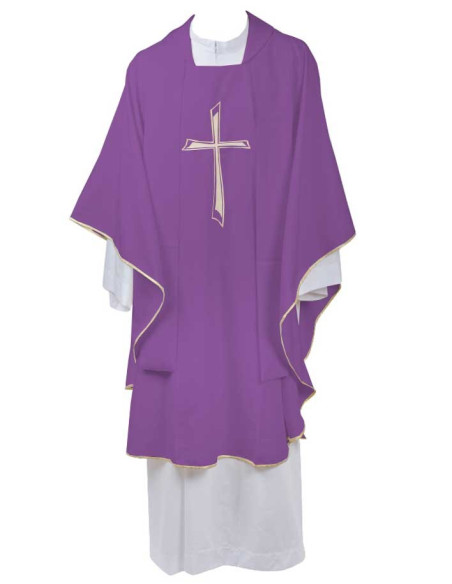 Chasuble mauve brodée croix Tau stylisée avec étole – Taille unique