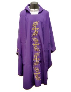 Mauve chasuble embroidered with gold thread crosses and stole - One Size