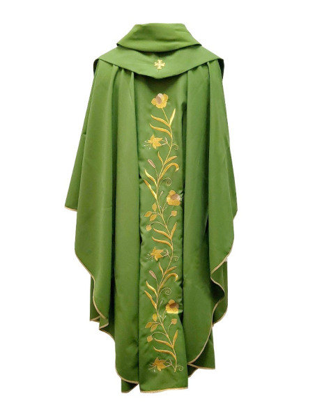 Casula verde con fiori ricamati oro e marrone e stola – Taglia unica