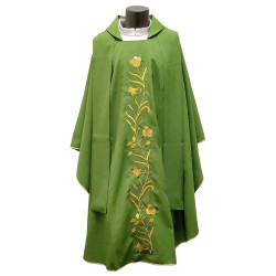 Groen kazuifel met bloemen in goud en bruin en stola – Eén maat