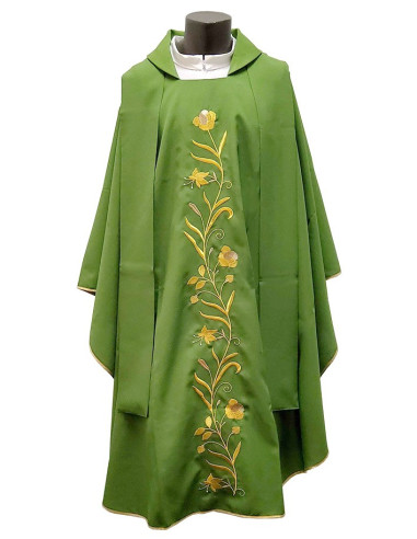 Casula verde con fiori ricamati oro e marrone e stola – Taglia unica
