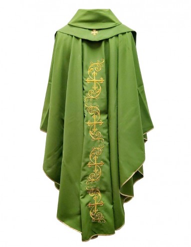 Chasuble verte brodée de croix et liserés en fil d'or avec étole - Taille unique