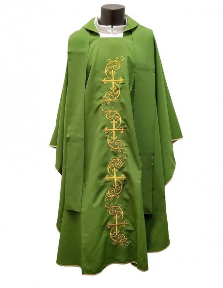Chasuble verte brodée de croix et liserés en fil d'or avec étole - Taille unique