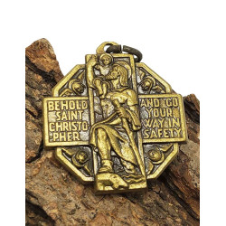 Medalla de San Crist&oacute;bal y Nuestra Se&ntilde;ora del Camino - 32 mm Ba&ntilde;ada en Oro