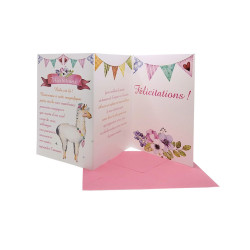 Tarjeta tríptico de felicitación de nacimiento - Llama y banderines