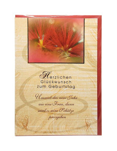 Geburtstagskarte mit deutschem Text - Rote Blumen und goldener Text