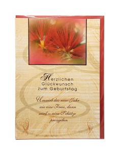 German Birthday Card - Red Flowers and Gold Text