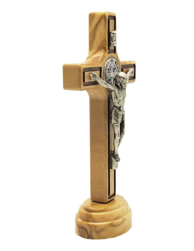 Croce di San Benedetto in legno d'ulivo - 12 cm - su base