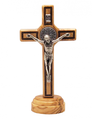 Croix Saint Benoit en bois d'olivier - 12 cm - sur base