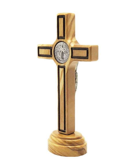 Benediktkreuz aus Olivenholz - 12 cm - auf Sockel