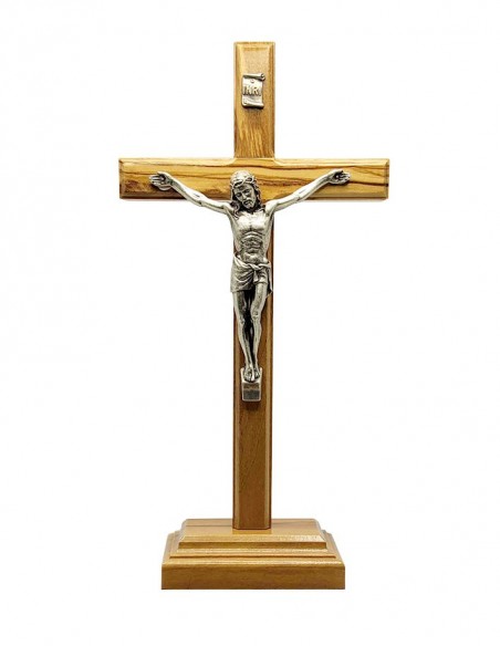 Croce di San Benedetto in legno d'ulivo - 22 cm - su base