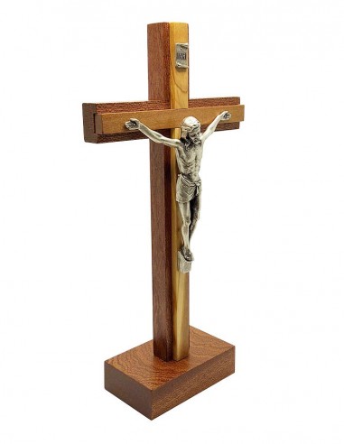 Croix en bois d'olivier et acajou - 22 cm - avec socle