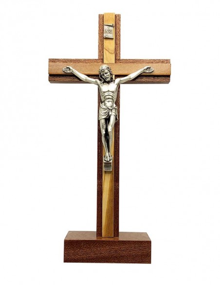 Croix en bois d'olivier et acajou - 22 cm - avec socle