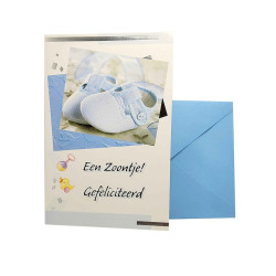 Tarjeta de nacimiento niño con patucos azules – en neerlandés