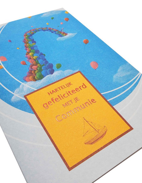 Tarjeta de comunión arcoíris de globos – Texto neerlandés