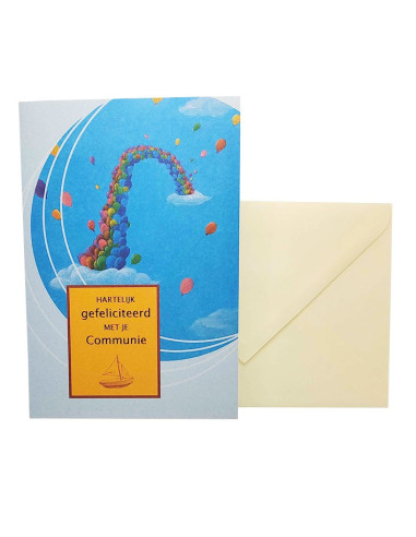 Felicitatiekaart voor een communie - Regenboog van ballonnen