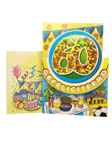 Tarjeta de cumpleaños con purpurina y número holográfico - 60 años