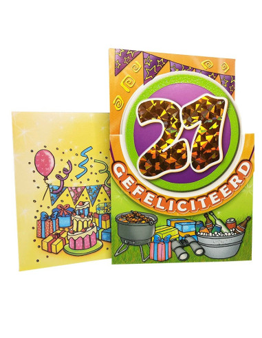 Tarjeta de cumpleaños con purpurina y número holográfico - 21 años