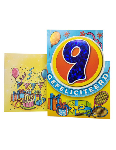 Birthday card with glitter and holographic number - 9 years old