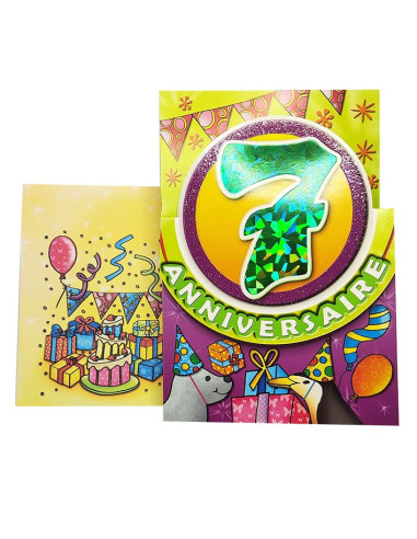 Tarjeta de cumpleaños con purpurina y número holográfico - 7 años